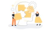 Team of people putting puzzle pieces of huge head together. Man and woman creating personality flat vector illustration. Mental health, psychological help, support, partnership, leadership concept